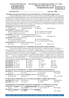 Đề thi khảo sát Chuyên đề môn Tiếng Anh Lớp 10 lần 3 - Năm học 2017-2018 - Trường THPT Liên Sơn (Có đáp án)